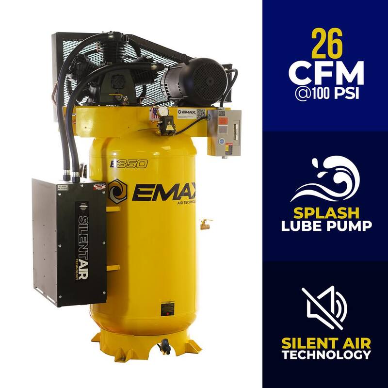 EMAX 80 Gal. 7.5 HP 3-Cylinder 1-Phase 175 PSI Silent Air Electric Air Compressor with Isolator Pads and Auto Drain - HES07V080Y1