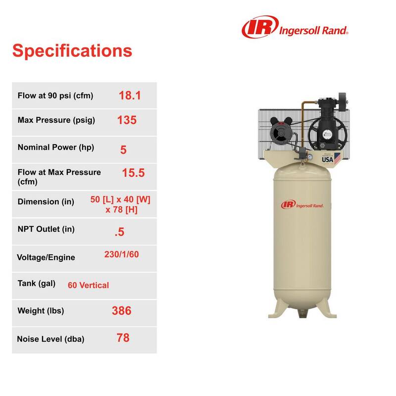 Ingersoll Rand Reciprocating 60 Gal. 5 HP Electric 230-Volt with Single Phase Air Compressor - SS5L5