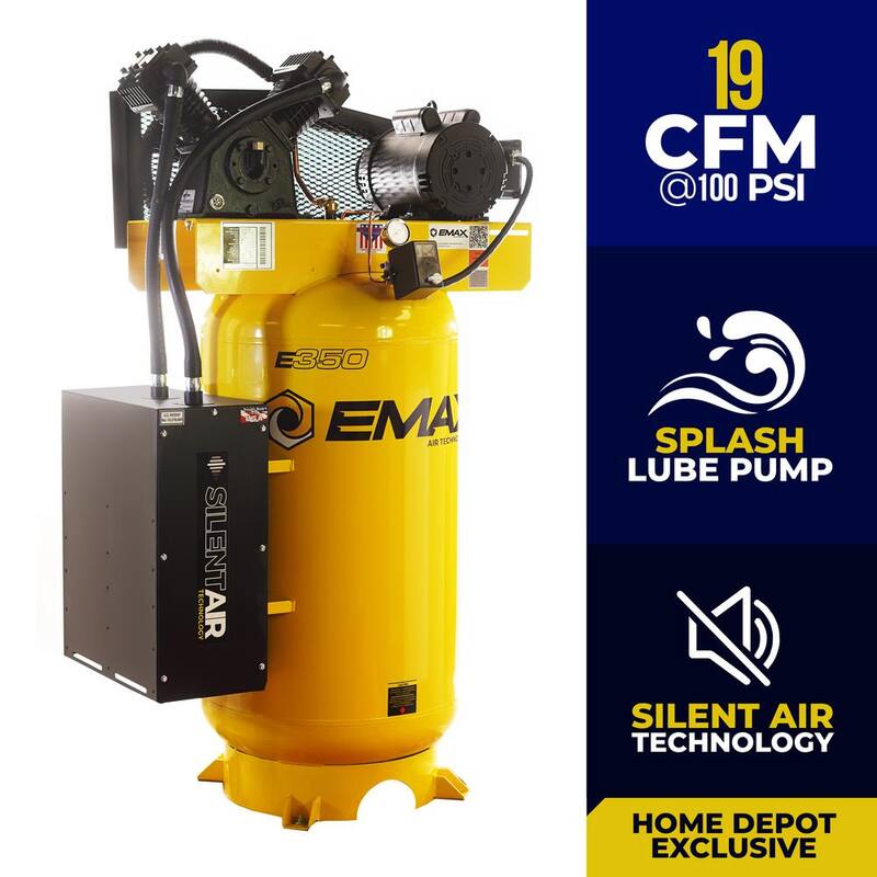 EMAX 80 Gal. 175 PSI  5 HP 2-Cylinder 1-Phase Silent Air Electric Air Compressor with Isolator Pads and Auto Drain - HES05V080V1