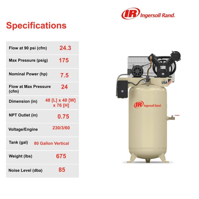 Ingersoll Rand Type 30 Reciprocating 80 Gal. 7.5 HP Electric 230-Volt 3 Phase Air Compressor - 2475N7.5-V