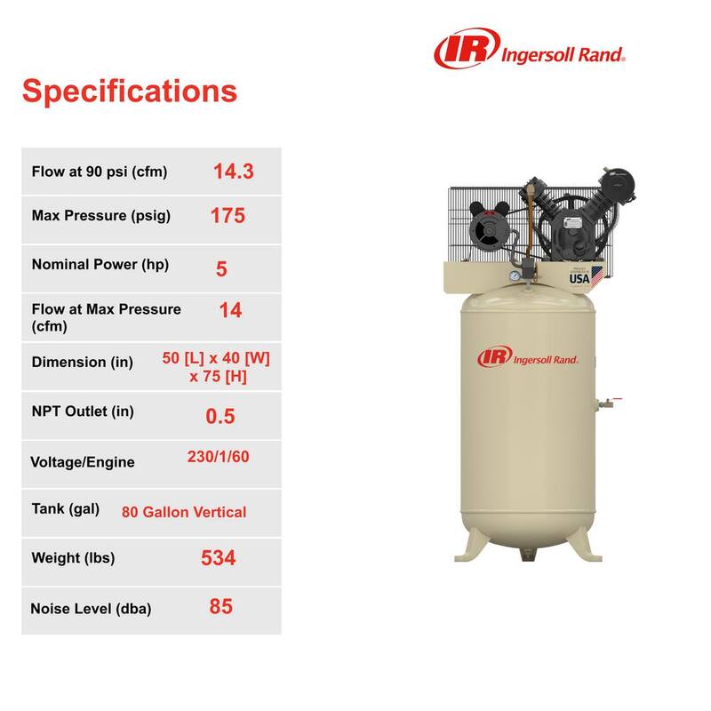 Ingersoll Rand Type 30 Reciprocating 80 Gal. 5 HP Electric 230-Volt, Single Phase Air Compressor - 2340N5-V