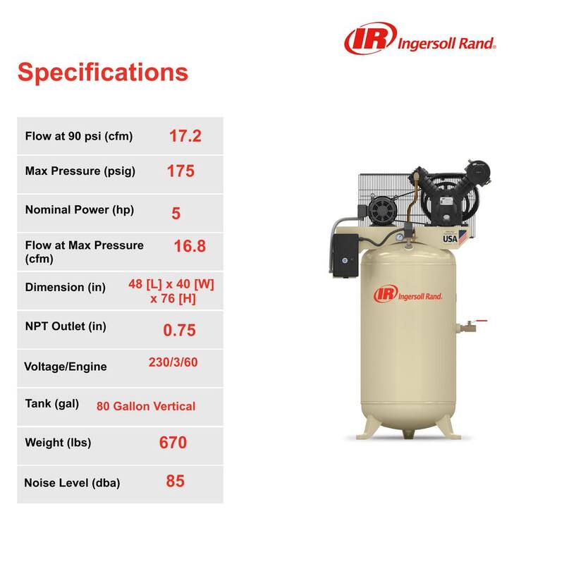 Ingersoll Rand Type 30 Reciprocating 80 Gal. 5 HP Electric 230-Volt 3 Phase Air Compressor - 2475N5-V