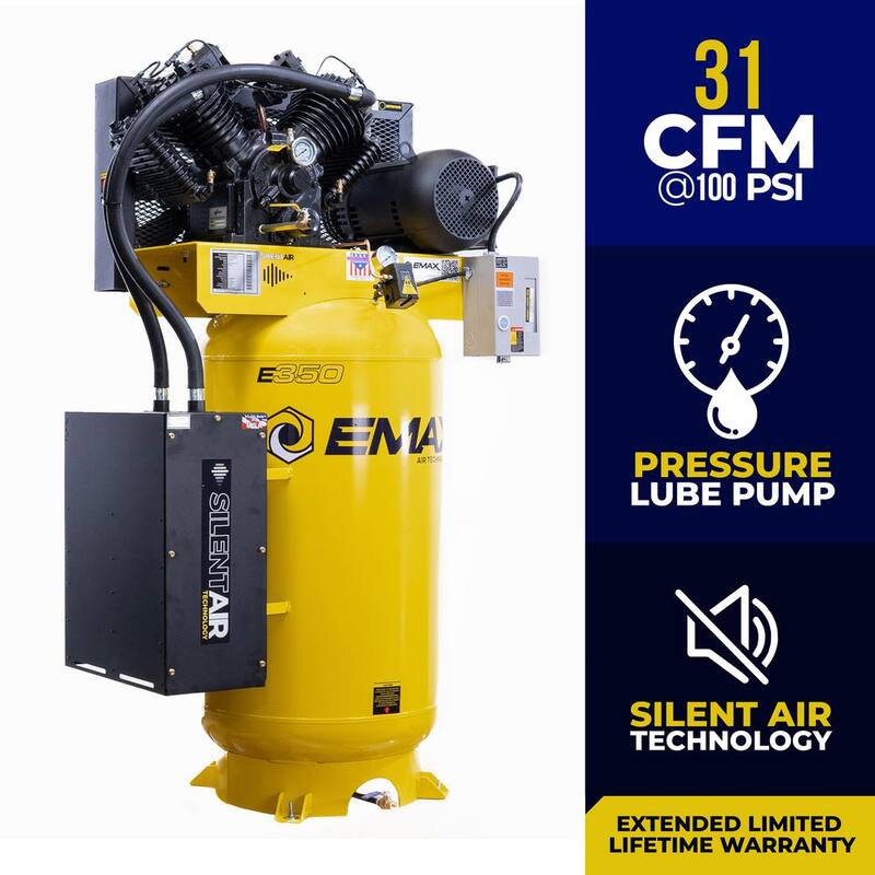 EMAX Silent Air Industrial E350 Series 80 Gal. 175 psi 7.5 HP 31 CFM 1-Phase 2-Stage Stationary Electric Air Compressor - HS07V080V1