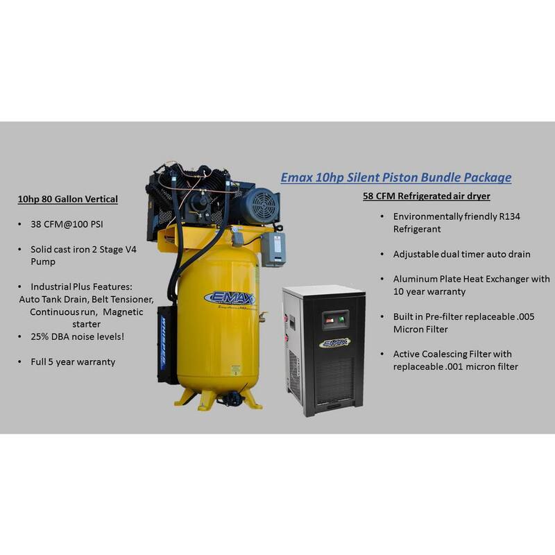 EMAX Silent Air Industrial E450 80 Gal. 175 psi Electric 10HP 38CFM 3-Ph. 460V 2-Stage Stationary Air Compressor,58CFM Dryer - HSP10V080V3P460