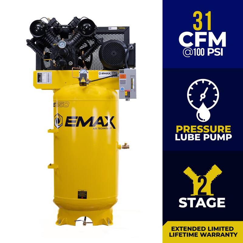 EMAX Industrial E350 Series 80 Gal.175 psi 7.5 HP 31 CFM 1-Phase 2-Stage Vertical Industrial Electric Air Compressor - HI07V080V1