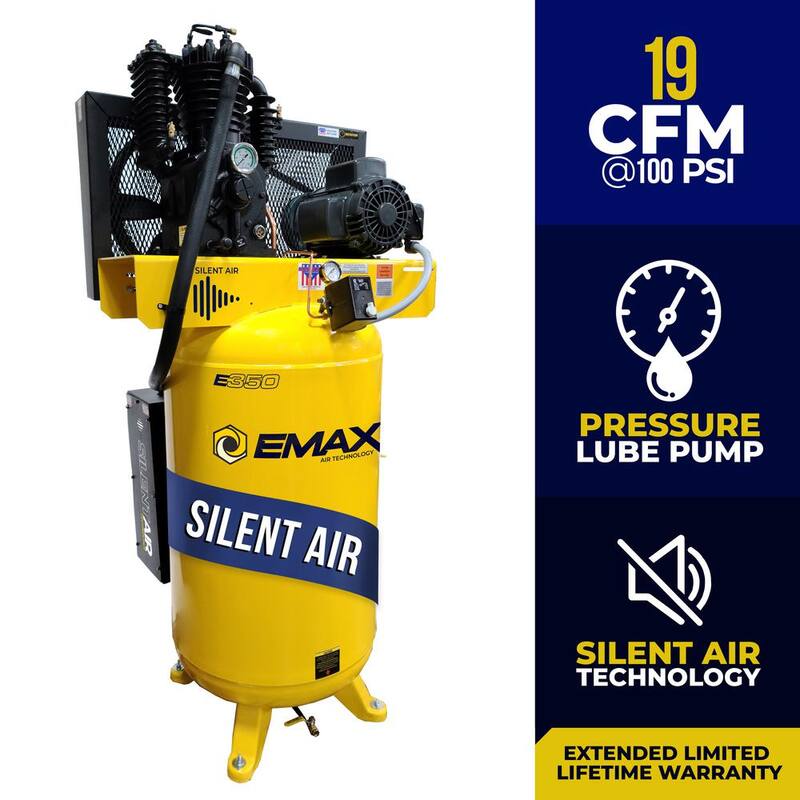 EMAX Silent Air Industrial E350 Series 80 Gal. 175 PSI 5HP 19 CFM 1-Phase 2-Stage Vertical Stationary Electric Air Compressor - HS05V080I1