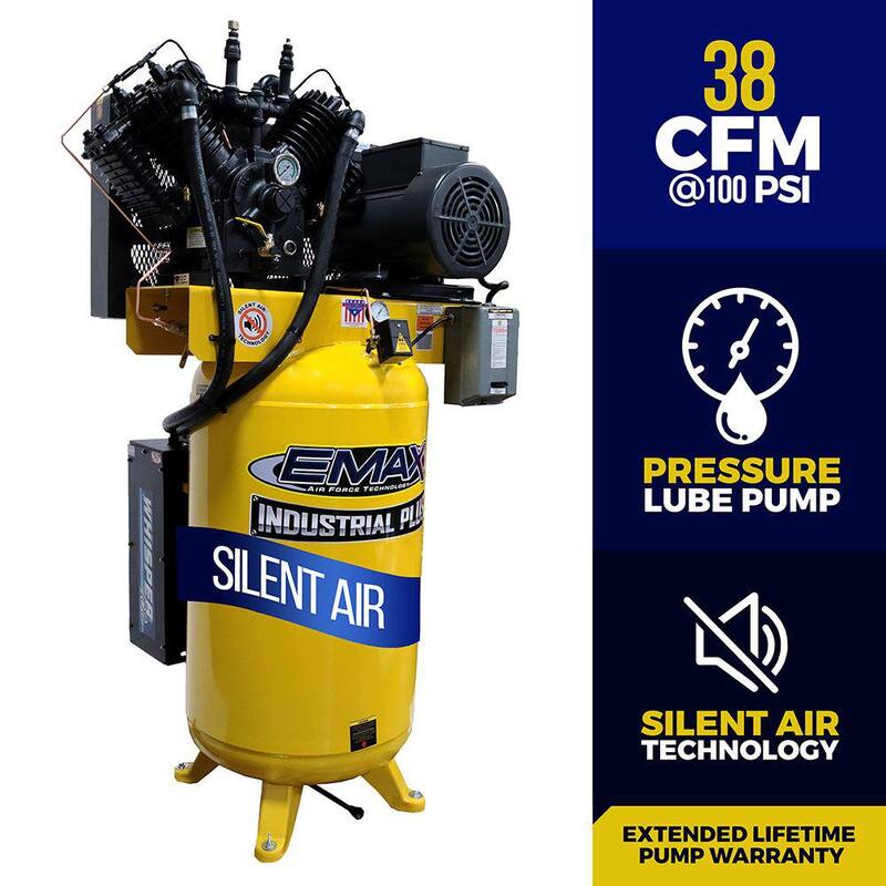 EMAX Silent Air Industrial E450 Series 80 Gal. 175 psi 10 HP 38 CFM 1-Phase 2-Stage Stationary Electric Air Compressor - HSP10V080V1