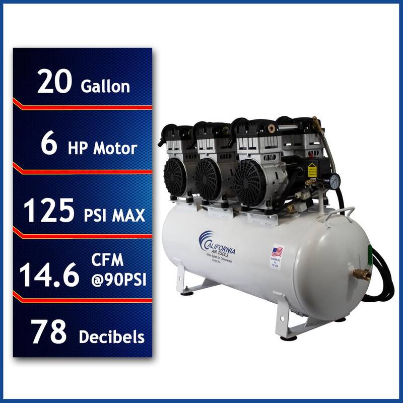 California Air Tools 20060CAD 20 Gal. 6.0 Hp 125 PSI Stationary Electric Ultra Quiet and Oil-Free Air Compressor ﻿ with Automatic Drain Valve - 20060CAD