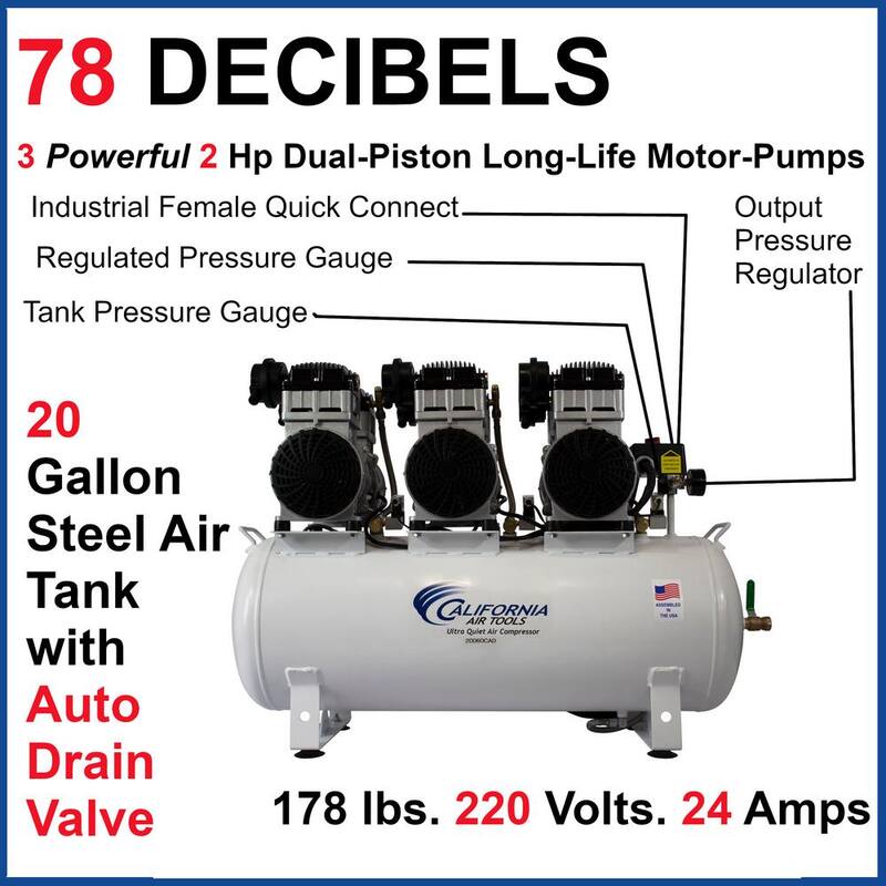 California Air Tools 20060CAD 20 Gal. 6.0 Hp 125 PSI Stationary Electric Ultra Quiet and Oil-Free Air Compressor ﻿ with Automatic Drain Valve - 20060CAD