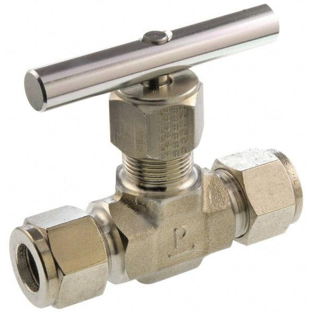 Parker Needle Valve: Round Handle, Straight, 1/2" Pipe, Compression End, Stainless Steel Body, Polytetrafluoroethylene Seal - 8A-V8LN-SS