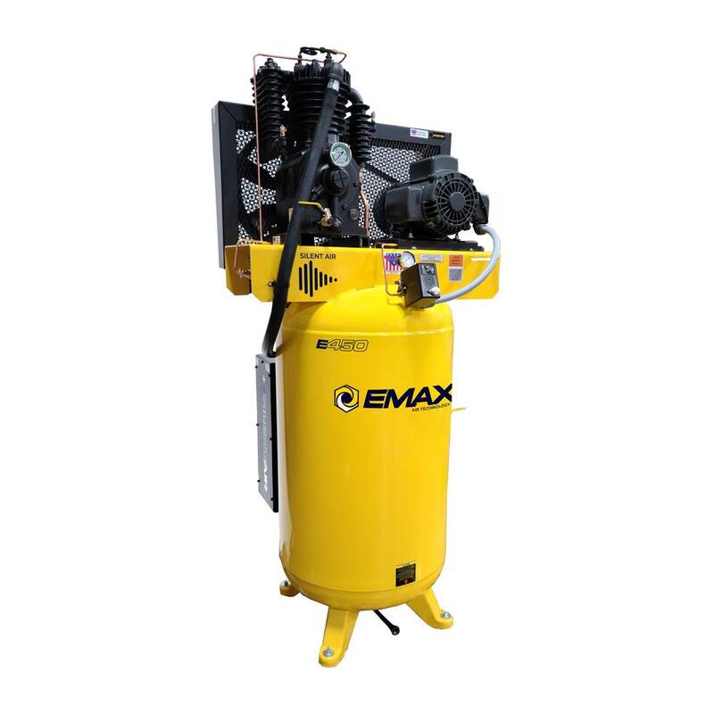 EMAX Silent Air Industrial E450 80 Gal. 175 psi Electric 5 HP 19 CFM 1-Ph 2-Stage Pressure Lube Air Compressor, 30 CFM Dryer - HSP05V080I1PK