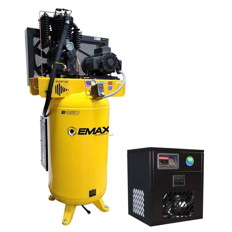 EMAX Silent Air Industrial E450 80 Gal. 175 psi Electric 5 HP 19 CFM 1-Ph 2-Stage Pressure Lube Air Compressor, 30 CFM Dryer - HSP05V080I1PK