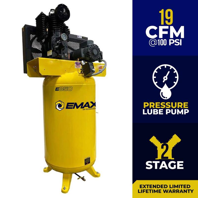 EMAX Industrial E350 Series 80 Gal.175 psi 5 HP 19 CFM 1-Phase 2-Stage Vertical Industrial Electric Air Compressor - HI05V080I1