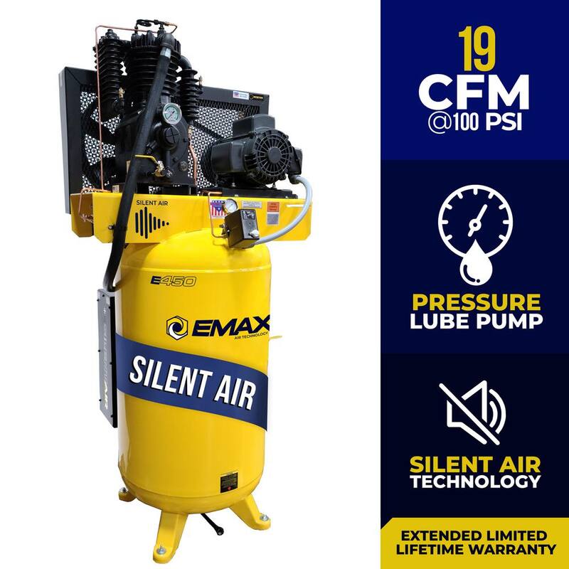 EMAX Silent Air Industrial E450 Series 80 Gal. 175 PSI 5HP 19 CFM 1-Phase 2-Stage Vertical Stationary Electric Air Compressor - HSP05V080I1