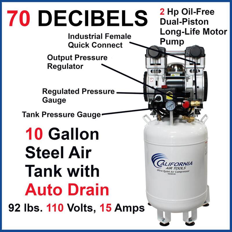 California Air Tools 10 Gal. 2 HP Ultra Quiet and Oil-Free Stationary Electric Air Compressor with Air Dryer and Auto Drain Valve - 10020DCAD
