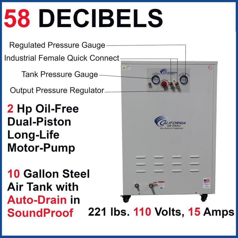 California Air Tools Ultra Quiet 10 Gal. 2 HP Electric Air Compressor with Air Dryer, Automatic Drain and Sound Proof Cabinet - CAT-10020DSPCAD