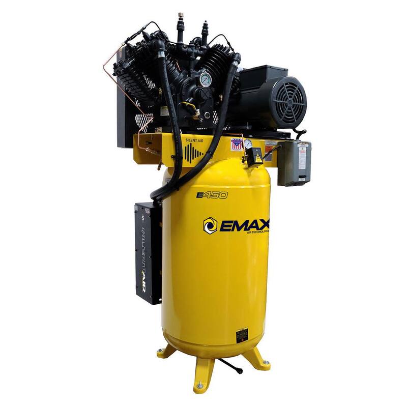 EMAX Silent Air Industrial E450 80 Gal. 175 psi Electric 7.5 HP 31 CFM 1-Ph 2-Stage Stationary Air Compressor, 30 CFM Dryer - HSP07V080V1PK