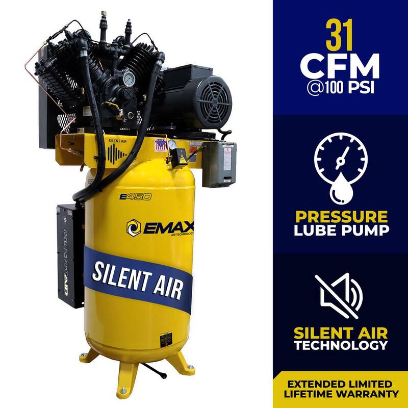 EMAX Silent Air Industrial E450 80 Gal. 175 psi Electric 7.5 HP 31 CFM 1-Ph 2-Stage Stationary Air Compressor, 30 CFM Dryer - HSP07V080V1PK
