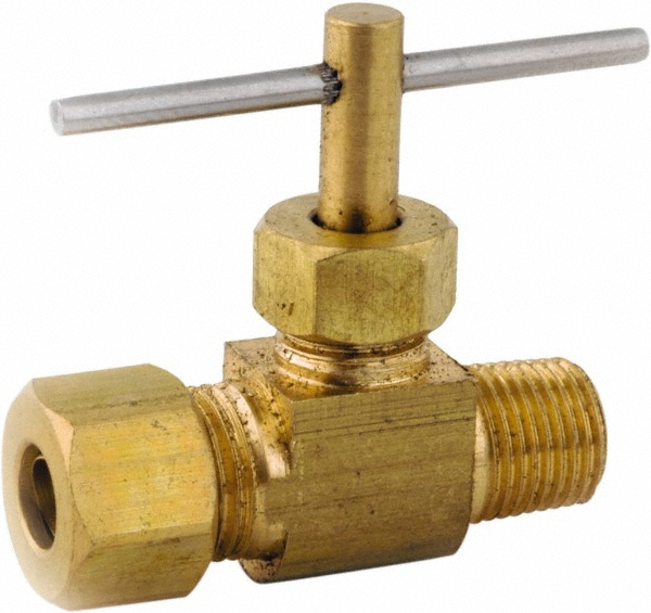 ANDERSON METALS Needle Valve: Angled, 1/4 x 1/4" Pipe, Lead-Free Brass Body, Brass Seal - 759103-0404