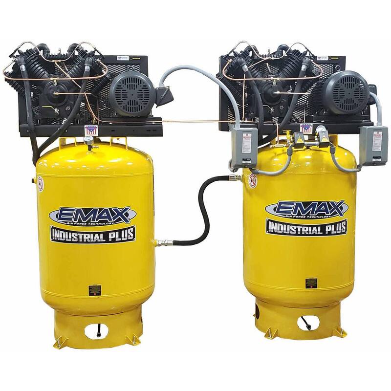 EMAX 80 Gal. Two 10 HP 1ph Vertical Solo Mounted Alternating Silent Air Compressors withPressure Lube Pump - ESP10A080V1