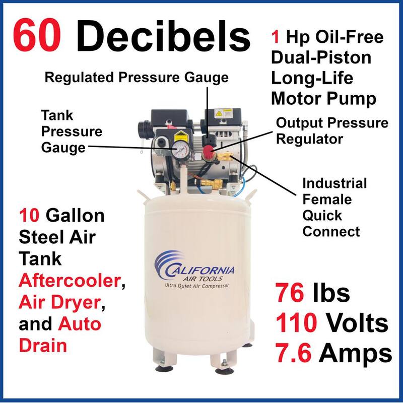 California Air Tools 10 Gal. 1 HP Stationary Ultra Quiet and Oil-Free Industrial Electric Air Compressor with Air Dryer and Auto Drain Valve - 10010LFDCAD