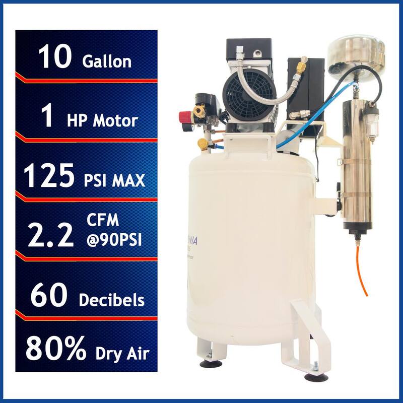 California Air Tools 10 Gal. 1 HP Stationary Ultra Quiet and Oil-Free Industrial Electric Air Compressor with Air Dryer and Auto Drain Valve - 10010LFDCAD