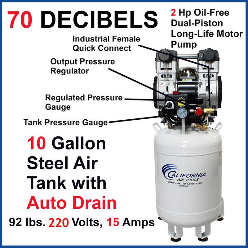 California Air Tools 10 Gal. 2 HP Ultra Quiet and Oil-Free Stationary Electric Air Compressor with Air Dryer and Auto Drain Valve - 10020DCAD-22060