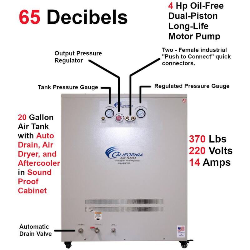 California Air Tools 20 Gal. 4.0 HP Ultra-Quiet and Oil-Free Electric Stationary Air Compressor with Air Dryer in a Soundproof Cabinet - 20040DSPCAD