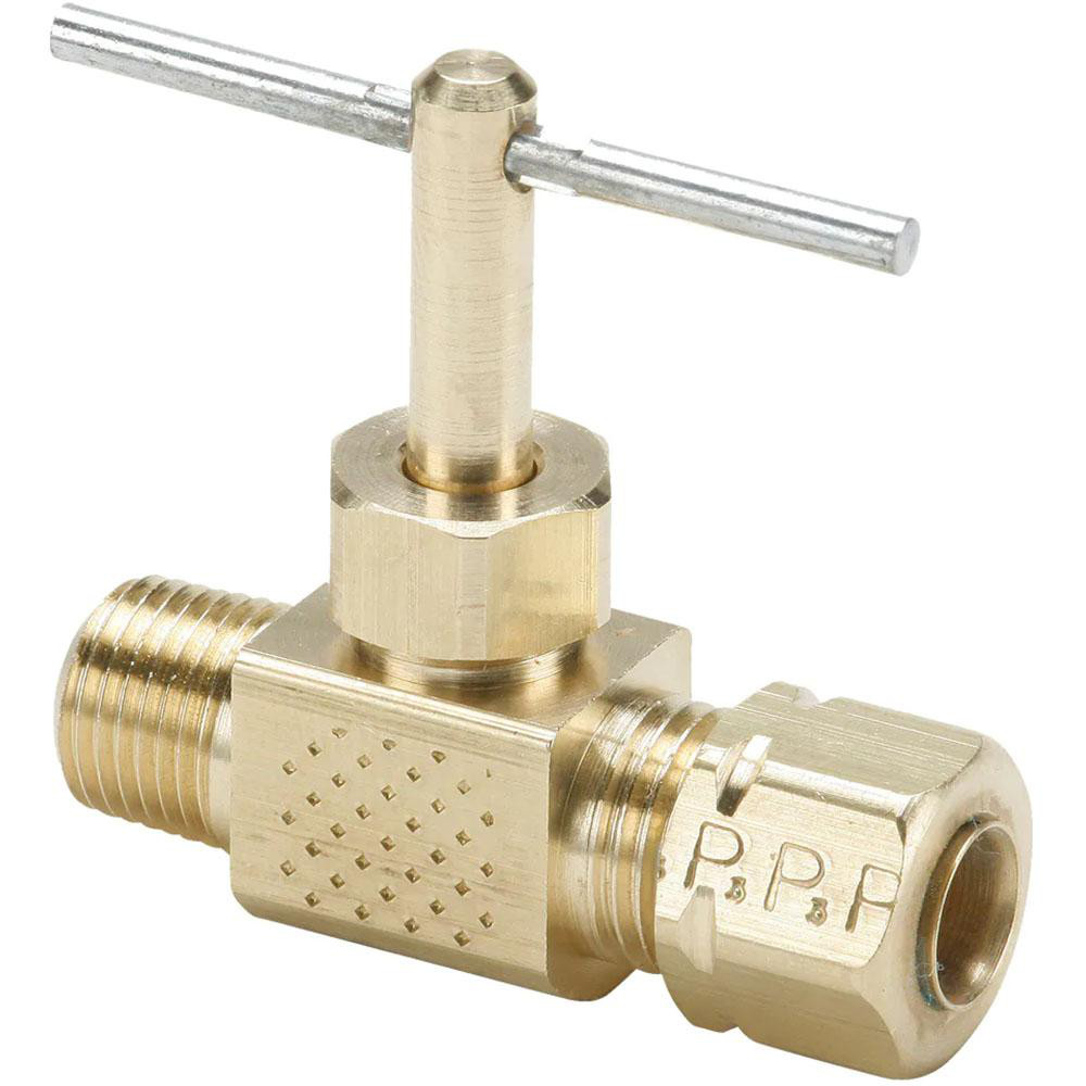 Parker Needle Valve: Straight, 3/8 x 1/4" Pipe, Compression to Male Pipe End, Brass Body - NV106C-6-4