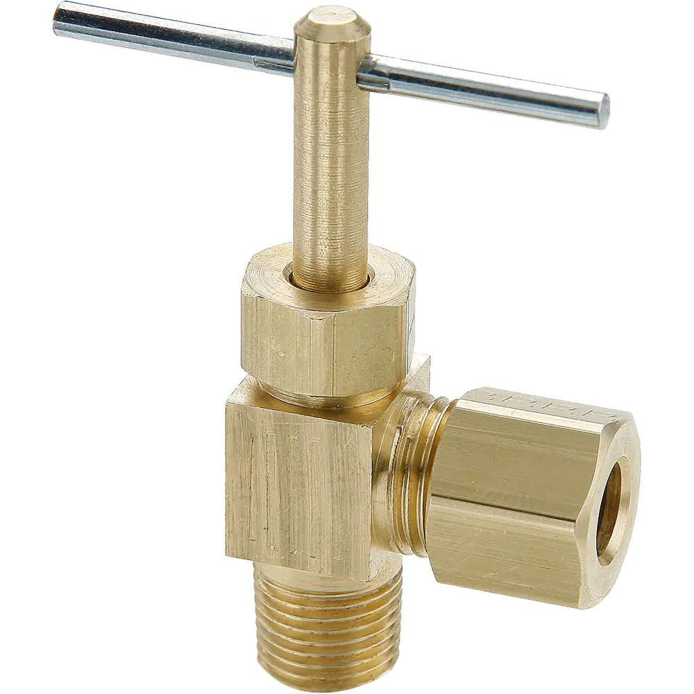 Parker Needle Valve: Straight, 3/8 x 1/4" Pipe, Compression to Male Pipe End, Brass Body - NV106C-6-4