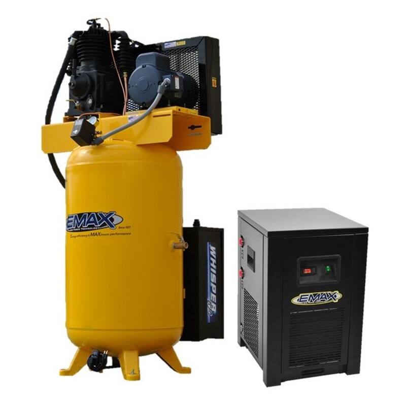 EMAX Silent Air Industrial E450 Series 80 Gal. 175 PSI 5HP 19 CFM 3-Phase 230V 2-Stage Stationary Air Compressor, 30CFM Dryer - HSP05V080I3P230