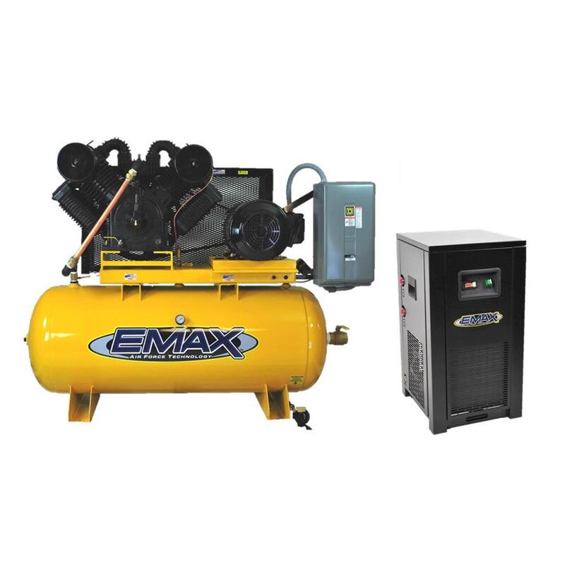 EMAX Industrial E450 Series 120 Gal. 175 psi 20HP 82CFM 3-Phase 208V 2-Stage Stationary Electric Air Compressor, 115CFM Dryer - HP20H120V3PKG