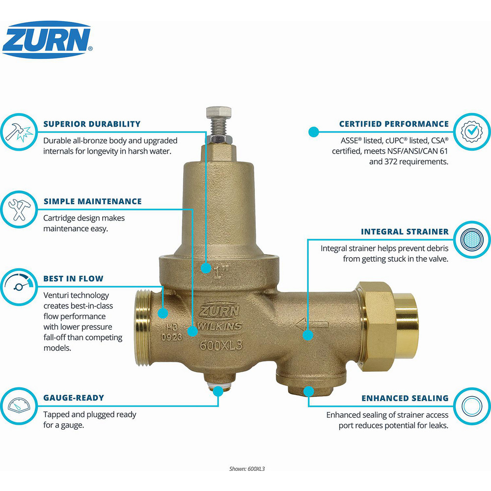 Zurn Pressure Reducing Valves: Pipe Size: 1; End Connection: FNPT x FNPT; Body Material: Bronze - 1-600XL3DU