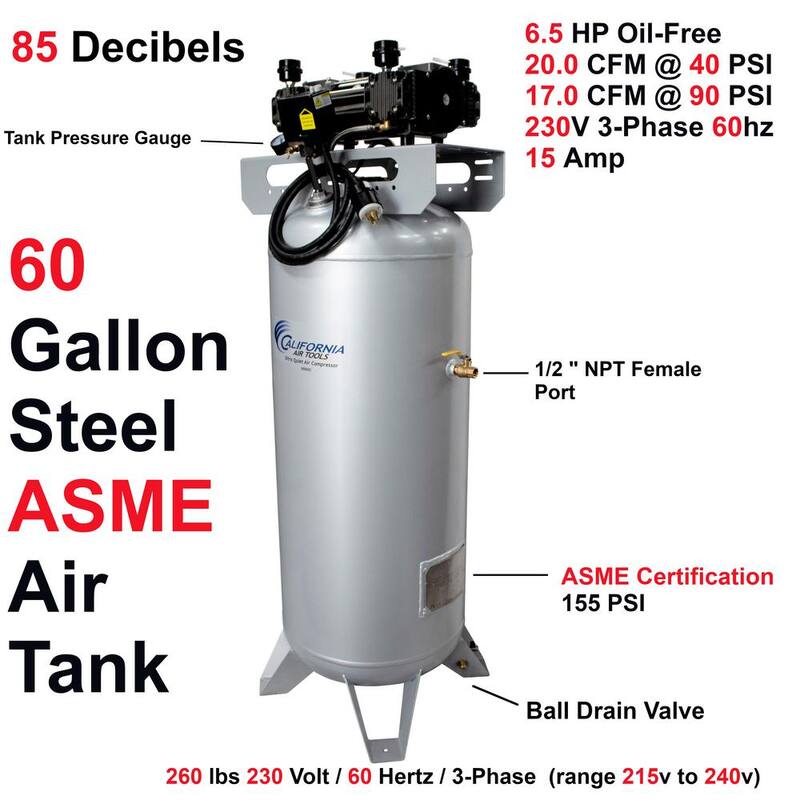 California Air Tools 60065C 60 gal. 6.5 HP 3-phase Electrical Air Compressor 208/230-Volt 155 MAX PSI - 60065C