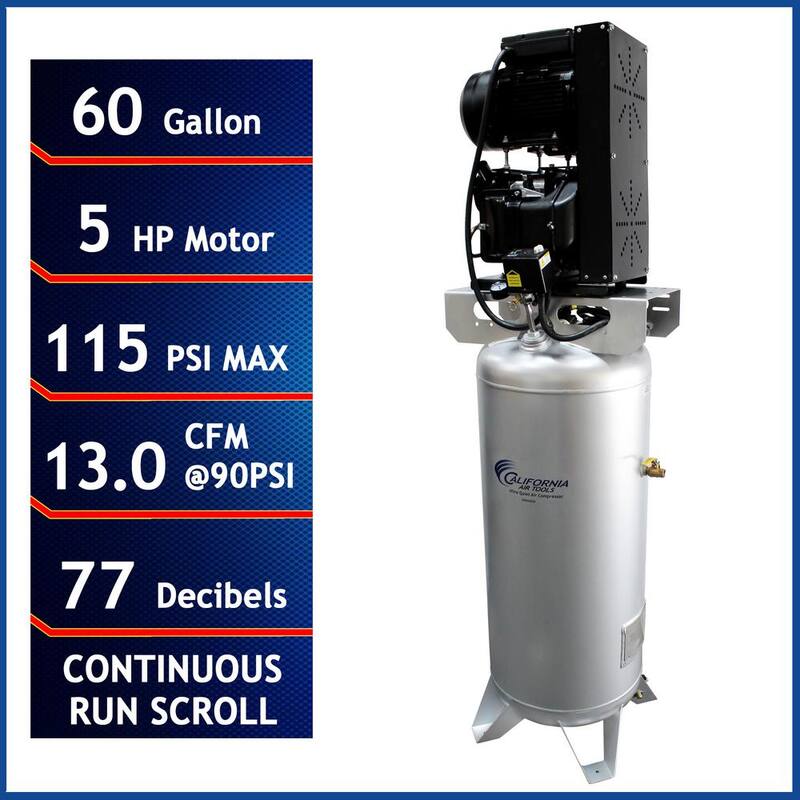 California Air Tools 60050SCR Ultra-Quiet Oil-Free Scroll 5 HP 60 Gal. Electric Steel Tank Air Compressor - CAT-60050SCR