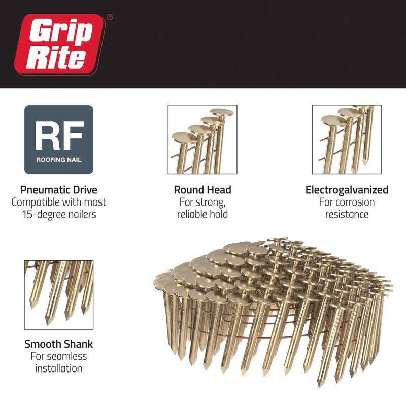 Grip-Rite 1-1/4 in. x 0.120-Gauge 15° Smooth Shank Electrogalvanized Wire Collated Coil Roofing Nails 7,200 per Box - GRCR3DGAL