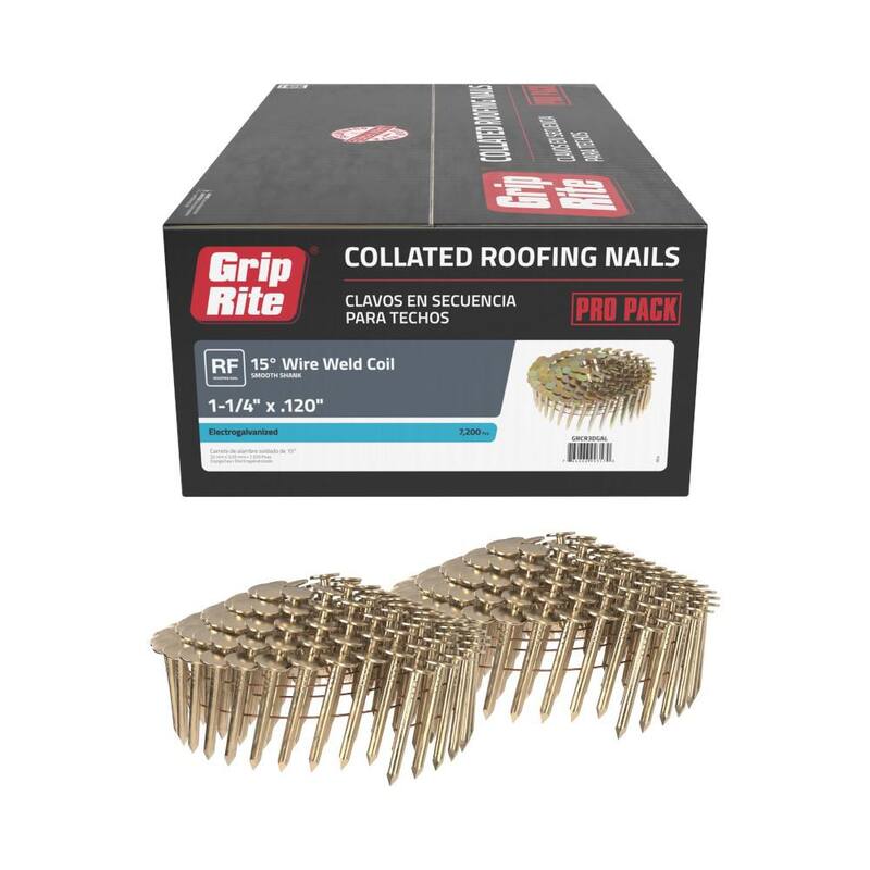 Grip-Rite 1-1/4 in. x 0.120-Gauge 15° Smooth Shank Electrogalvanized Wire Collated Coil Roofing Nails 7,200 per Box - GRCR3DGAL
