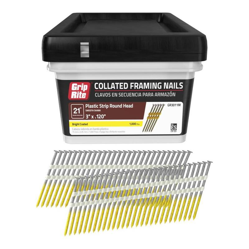 Grip-Rite 3 in. x 0.120 in. 21° Plastic Collated Bright Coated Smooth Shank Framing Nails 1000 per Box - GR3011M