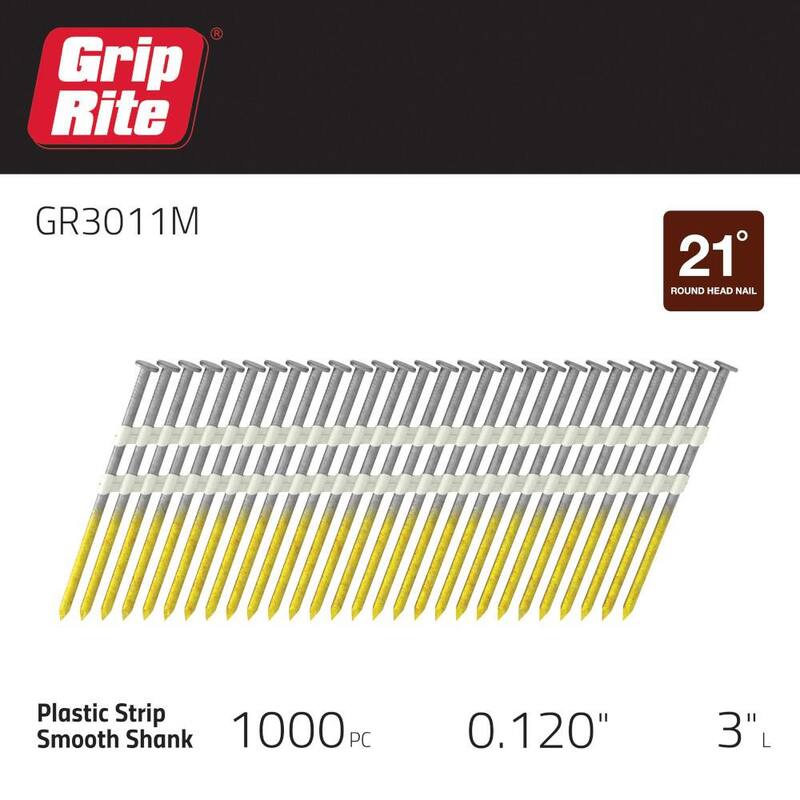 Grip-Rite 3 in. x 0.120 in. 21° Plastic Collated Bright Coated Smooth Shank Framing Nails 1000 per Box - GR3011M