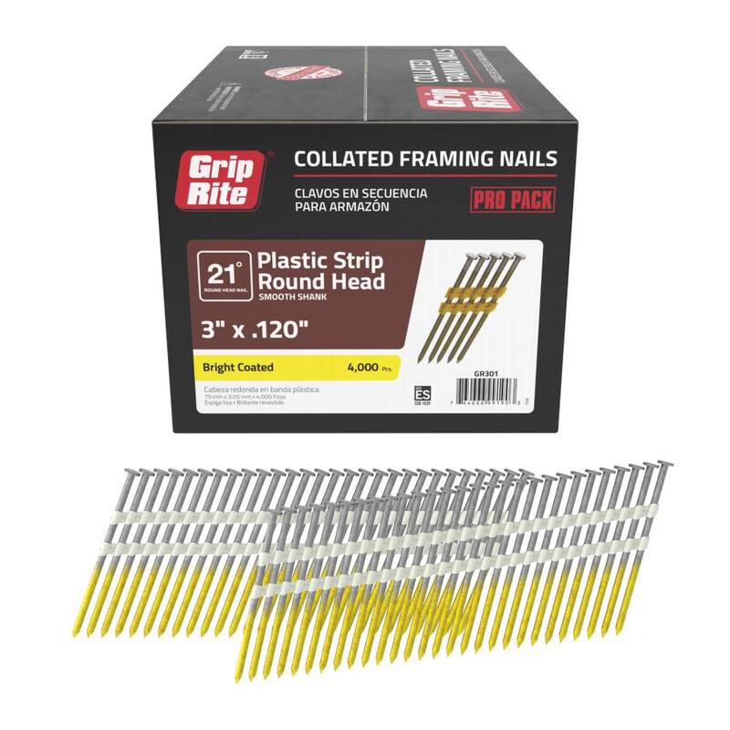 Grip-Rite 3 in. x 0.120 in. 21° Plastic Collated Bright Coated Smooth Shank Round Head Framing Nails 4000 per Box - GR301
