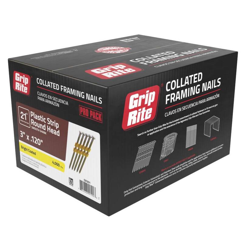 Grip-Rite 3 in. x 0.120 in. 21° Plastic Collated Bright Coated Smooth Shank Round Head Framing Nails 4000 per Box - GR301