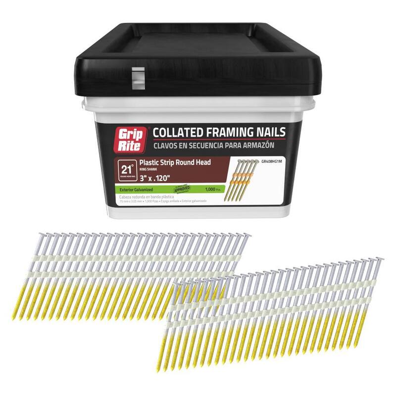 Grip-Rite 3 in. x 0.120 in. 21° Plastic Collated Exterior Galvanized Ring Shank Round Head Framing Nails 1000 per Box - GR408HG1M
