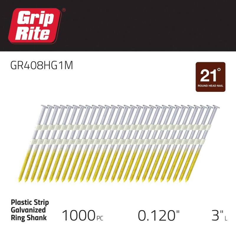 Grip-Rite 3 in. x 0.120 in. 21° Plastic Collated Exterior Galvanized Ring Shank Round Head Framing Nails 1000 per Box - GR408HG1M