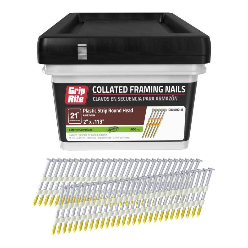 Grip-Rite 2 in. x 0.113 in. 21° Plastic Collated Exterior Galvanized Ring Shank Round Head Framing Nails 1000 per Box - GR04HG1M