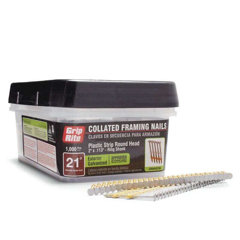 Grip-Rite 2 in. x 0.113 in. 21° Plastic Collated Exterior Galvanized Ring Shank Round Head Framing Nails 1000 per Box - GR04HG1M