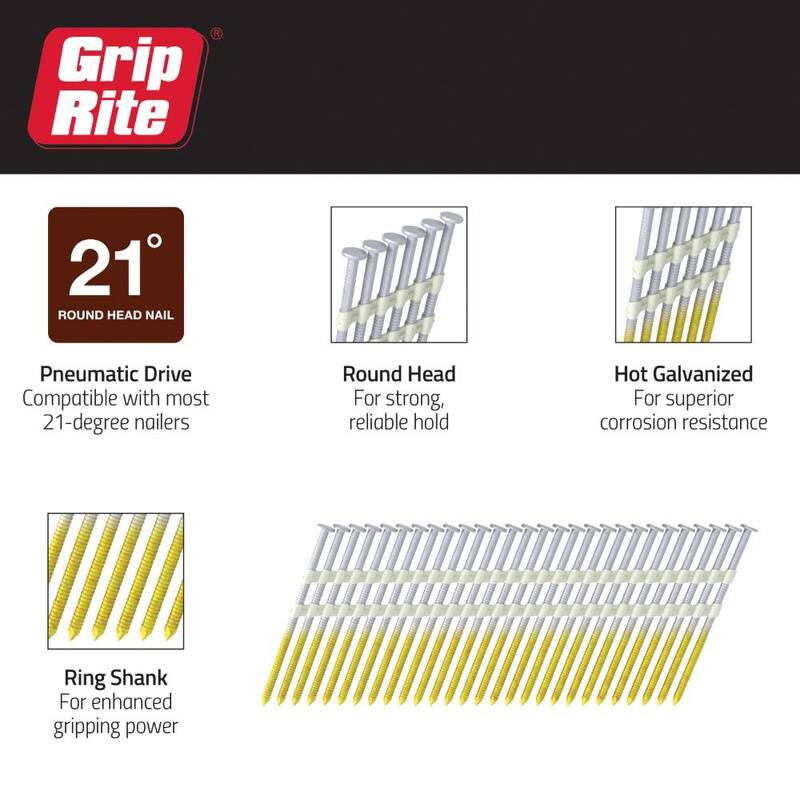 Grip-Rite 2 in. x 0.113 in. 21° Plastic Collated Exterior Galvanized Ring Shank Round Head Framing Nails 1000 per Box - GR04HG1M