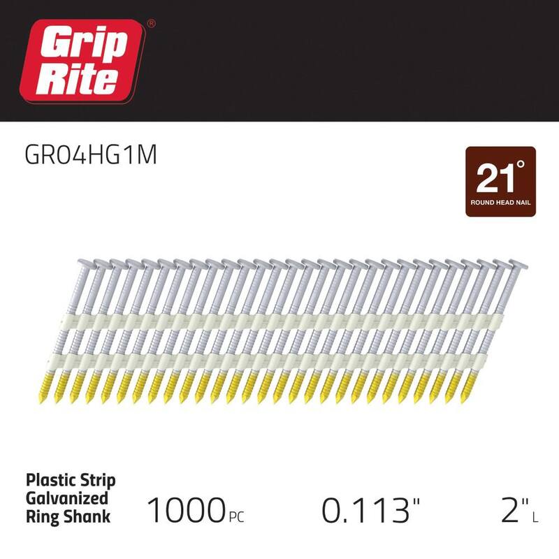 Grip-Rite 2 in. x 0.113 in. 21° Plastic Collated Exterior Galvanized Ring Shank Round Head Framing Nails 1000 per Box - GR04HG1M