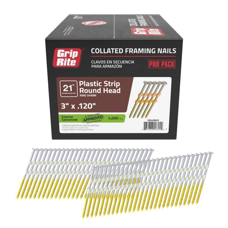 Grip-Rite 3 in. x 0.120 in. 21° Plastic Collated Exterior Galvanized Ring Shank Framing Nails 4000 per Box - GR408HG