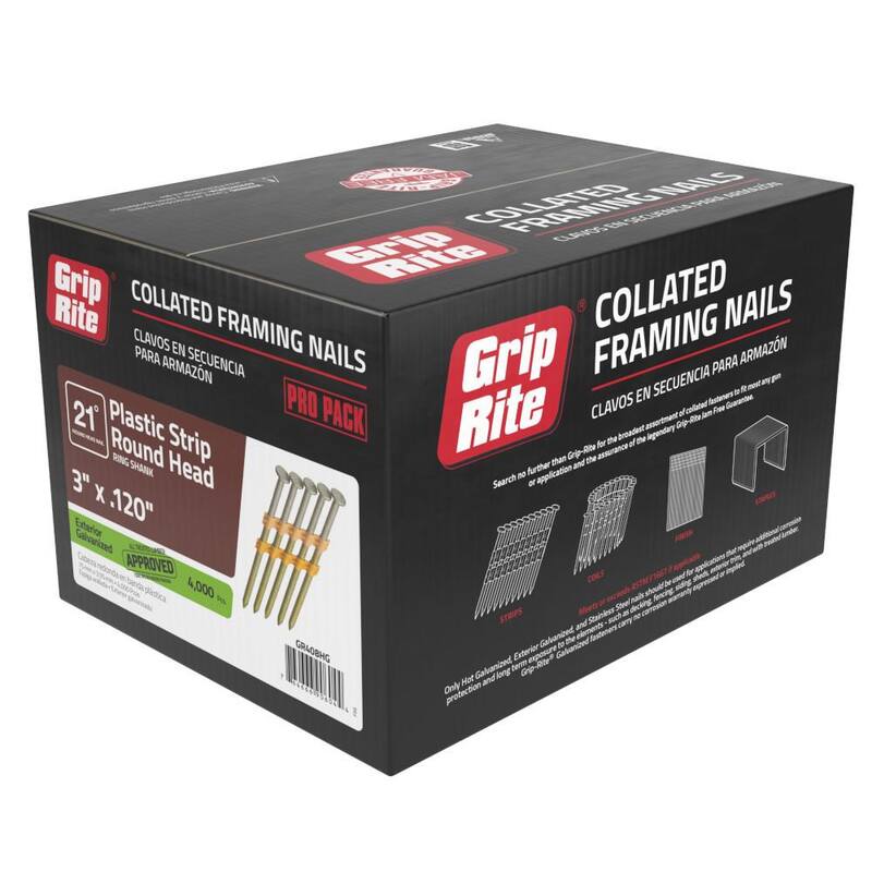 Grip-Rite 3 in. x 0.120 in. 21° Plastic Collated Exterior Galvanized Ring Shank Framing Nails 4000 per Box - GR408HG