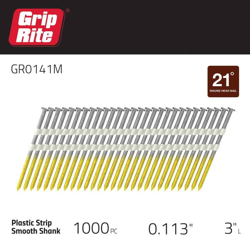 Grip-Rite 3 in. x 0.131 in. 21° Plastic Collated Bright Coated Smooth Shank Round Head Nails 1000 per Box - GR0141M